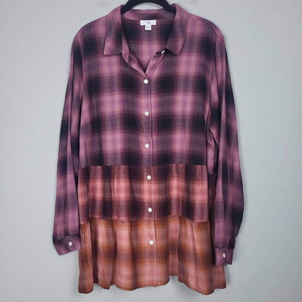 J Jill Womens Plaid Button Up Tunic Top Large Pink Ombre Tiered Country Western